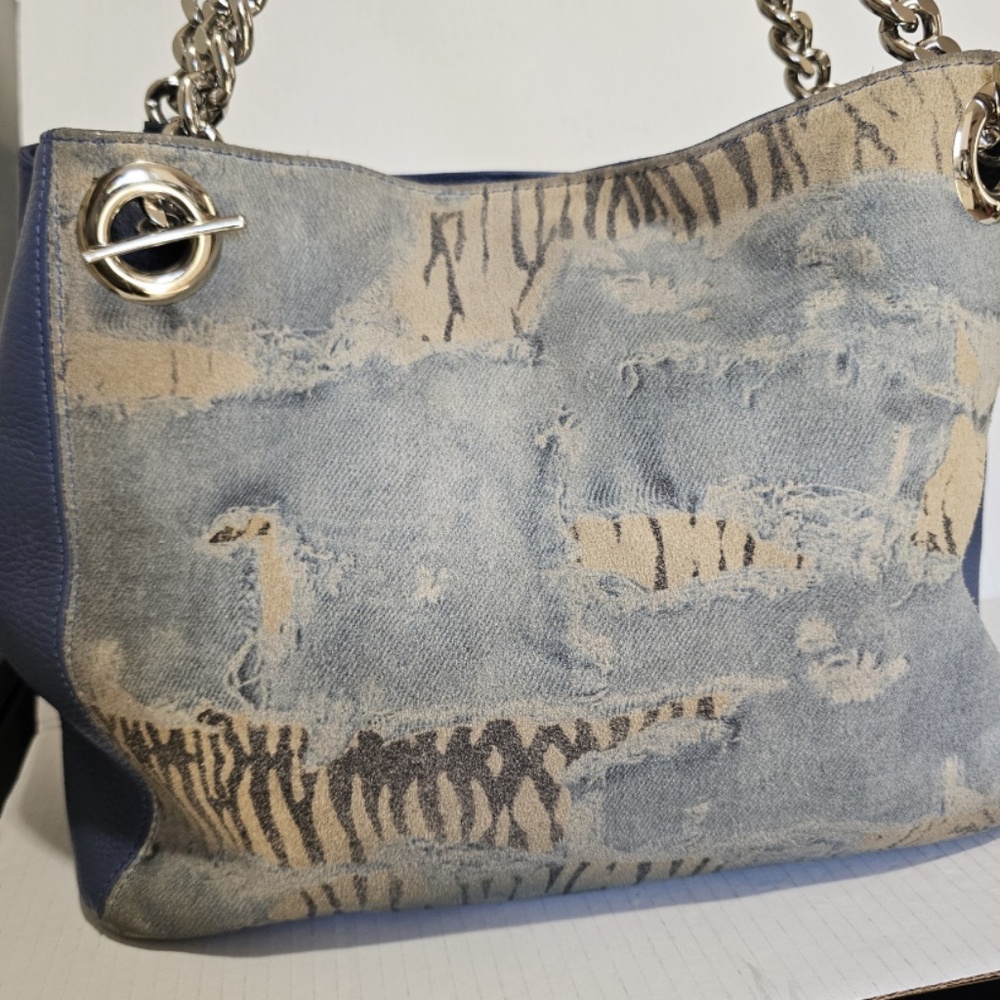 Valentino By Mario Valentino Luisa Blue Denim Zebra Large Leather Handbag Purse - Picture 9 of 16